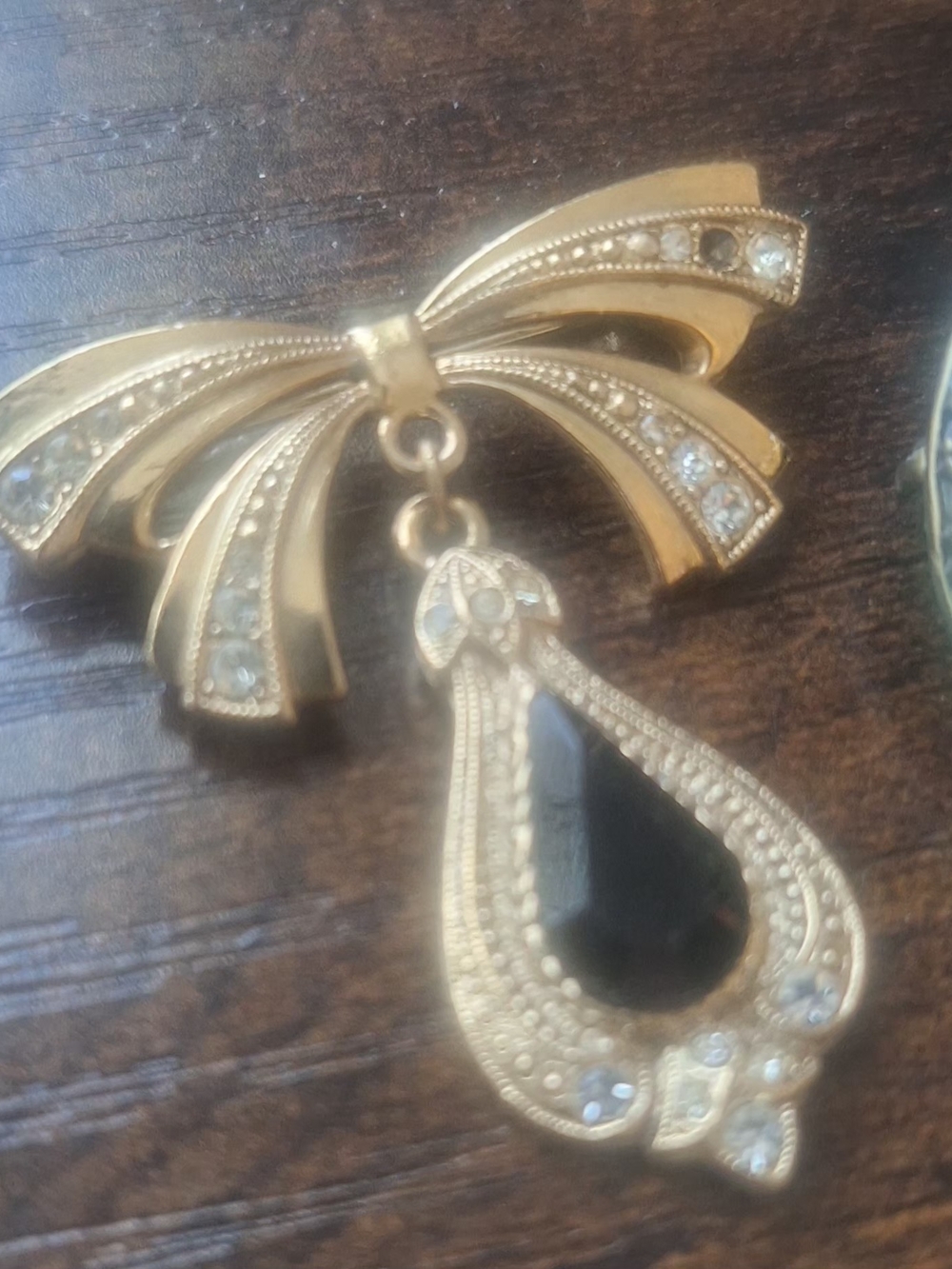 Vintage 1928 Brand Bow Brooch w/ Dangling Black & Clear Stones Missing 1 Stone